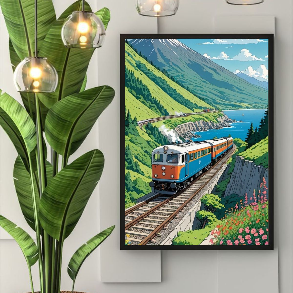 Mountain Valley Train Poster | Scenic Railway Along River Wall Art
