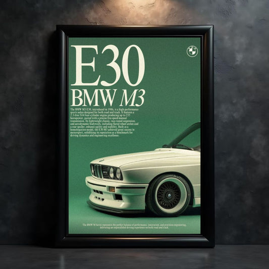 BMW M3 E30 wall art poster featuring iconic 80s design in high-resolution print – ideal for car lovers and vintage automotive wall decor.

