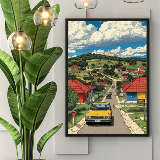 Valley Adventure Poster | Travelers in Scenic Nature with Huts & Blue Sky