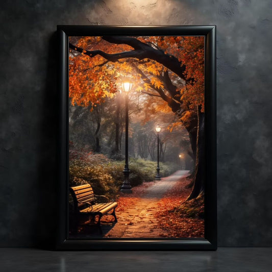 Moody Autumn Poster | Lonely Bench on a Quiet Road in Fall