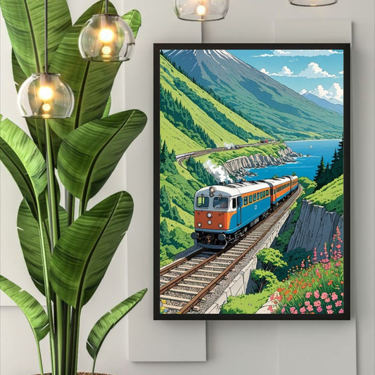 Mountain Valley Train Poster | Scenic Railway Along River Wall Art